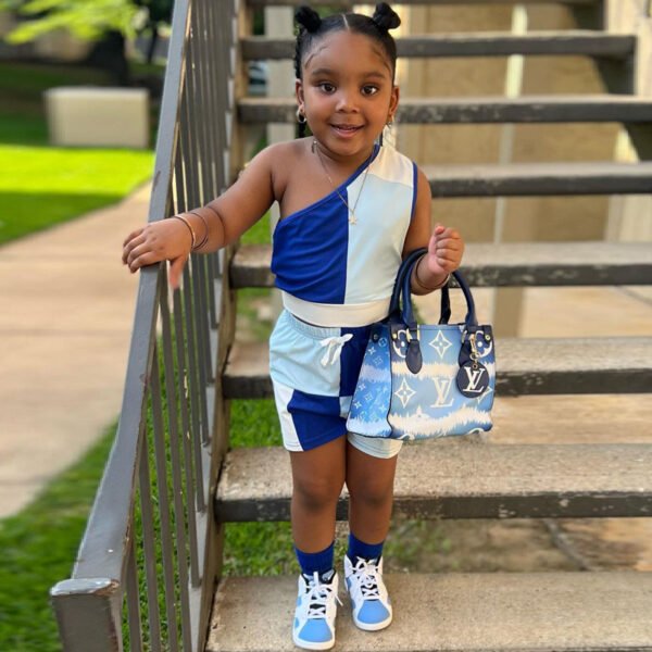 Liuliukd|Patchwork One Shoulder Vest Shorts Toddler Girls Clothing-Blue-Kids