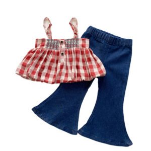 Liuliukd|Plaid Vest Denim Flare Pants Baby Girl Clothes-Kids