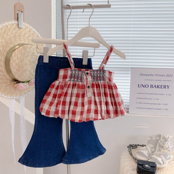 Liuliukd|Plaid Vest Denim Flare Pants Baby Girl Clothes-Red-Kids