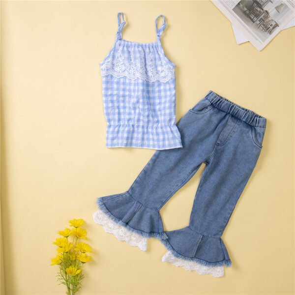 Liuliukd|Plaid Vest Denim Flare Trousers Kids Clothing Sets-Blue-Kids