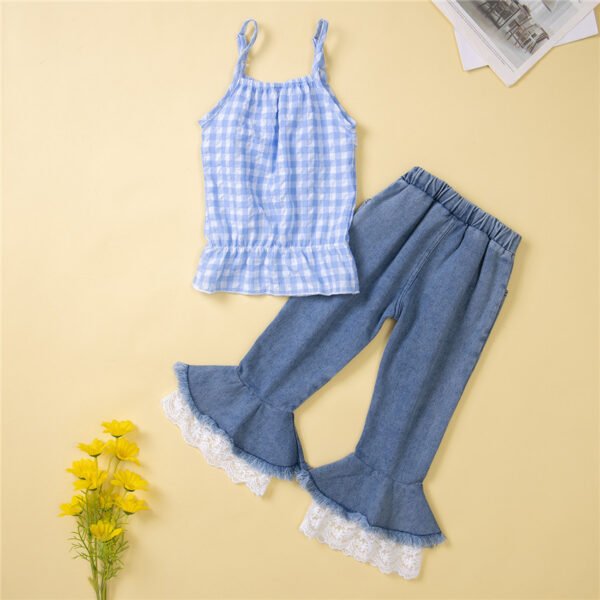 Liuliukd|Plaid Vest Denim Flare Trousers Kids Clothing Sets-Blue-Kids