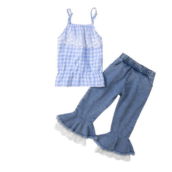 Liuliukd|Plaid Vest Denim Flare Trousers Kids Clothing Sets-Kids