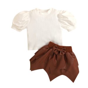 Liuliukd|Puff Sleeve T Shirts Irregular Leather Skirt Little Girls Clothes Sets-Kids