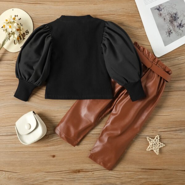 Liuliukd|Puff Sleeve Top PU Trousers Children Clothing Set-Black-Kids