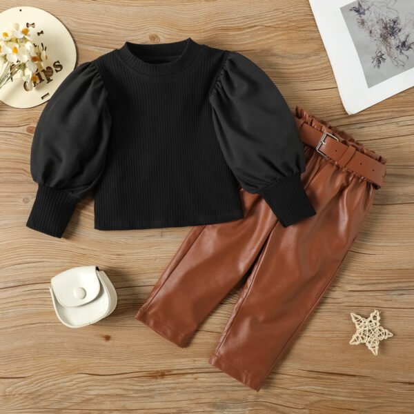 Liuliukd|Puff Sleeve Top PU Trousers Children Clothing Set-Black-Kids