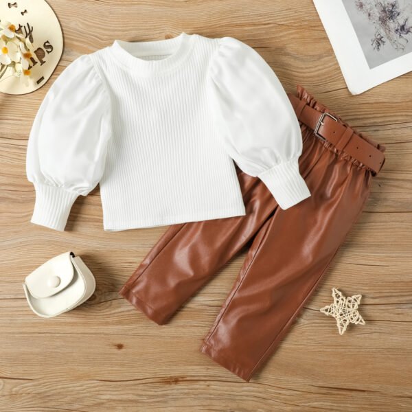 Liuliukd|Puff Sleeve Top PU Trousers Children Clothing Set-White-Kids
