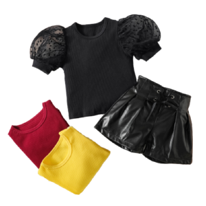 Liuliukd|Puff Sleeve Top+Leather Shorts Clothes For Children-Kids