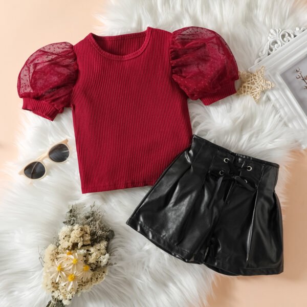 Liuliukd|Puff Sleeve Top+Leather Shorts Clothes For Children-Red-Kids