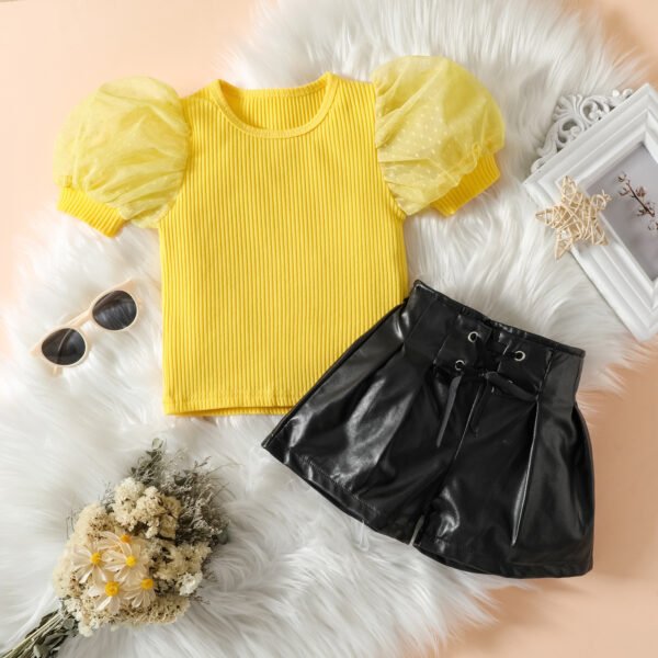 Liuliukd|Puff Sleeve Top+Leather Shorts Clothes For Children-Yellow-Kids