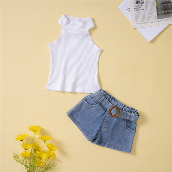 Liuliukd|Ribbed Vest Denim Shorts Children Outfit-White-Kids