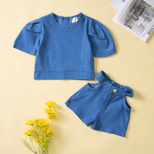 Liuliukd|Short Sleeved Denim Top Waist Cut Shorts Kids Sets-Blue-Kids