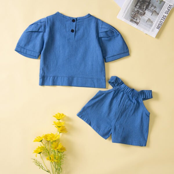 Liuliukd|Short Sleeved Denim Top Waist Cut Shorts Kids Sets-Blue-Kids