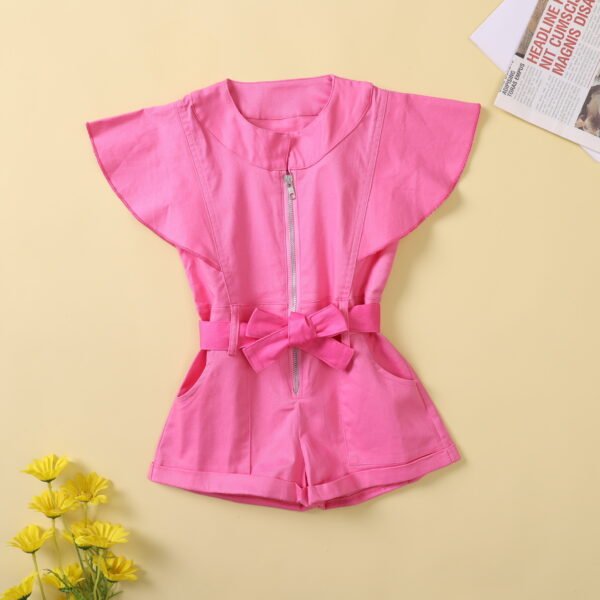Liuliukd|Solid Color Fly Sleeve Kids Overalls-Pink-Kids