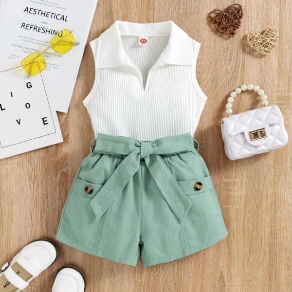 Liuliukd|V Neck Top+Shorts Kid Girls Clothing Set-Green-Kids