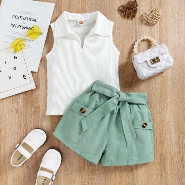 Liuliukd|V Neck Top+Shorts Kid Girls Clothing Set-Green-Kids