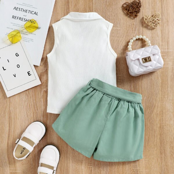 Liuliukd|V Neck Top+Shorts Kid Girls Clothing Set-Green-Kids