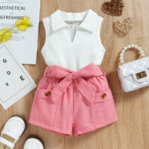 Liuliukd|V Neck Top+Shorts Kid Girls Clothing Set-Pink-Kids