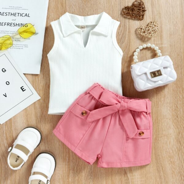 Liuliukd|V Neck Top+Shorts Kid Girls Clothing Set-Pink-Kids