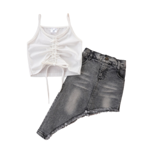 Liuliukd|White Drawstring Vest+Irregular Denim Skirt Girls Clothing-Kids