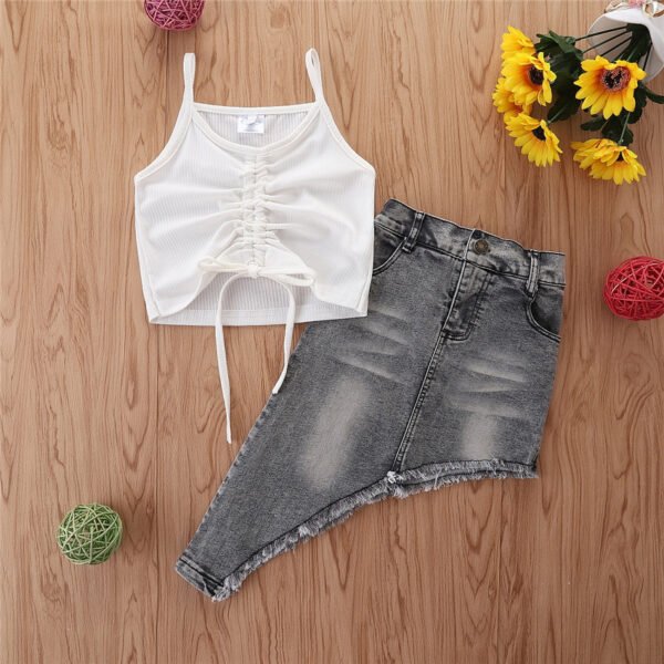 Liuliukd|White Drawstring Vest+Irregular Denim Skirt Girls Clothing-White-Kids