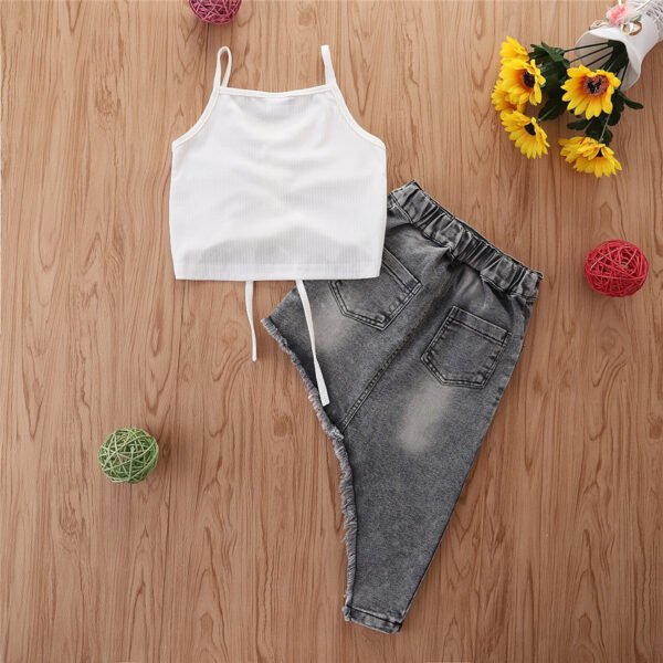 Liuliukd|White Drawstring Vest+Irregular Denim Skirt Girls Clothing-White-Kids