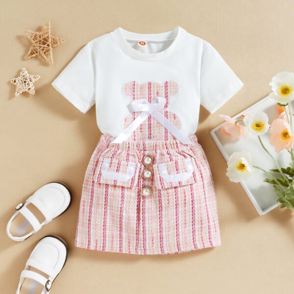 Liuliukd|Bear T Shirt Plaid Skirt Children Clothes Wholesale-White-Kids