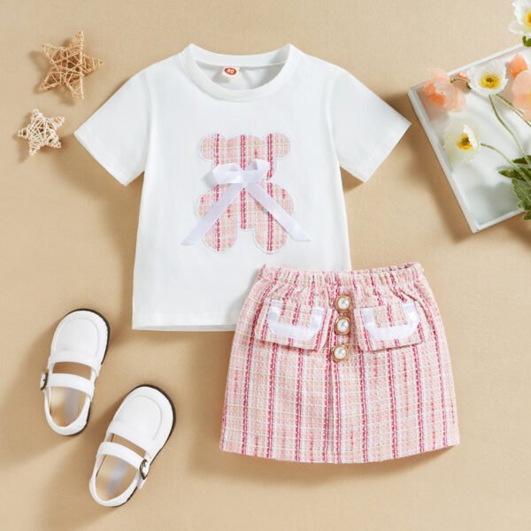 Liuliukd|Bear T Shirt Plaid Skirt Children Clothes Wholesale-White-Kids