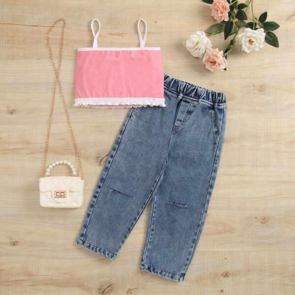 Liuliukd|Denim Trousers Suit Clothing Children-Pink-Kids