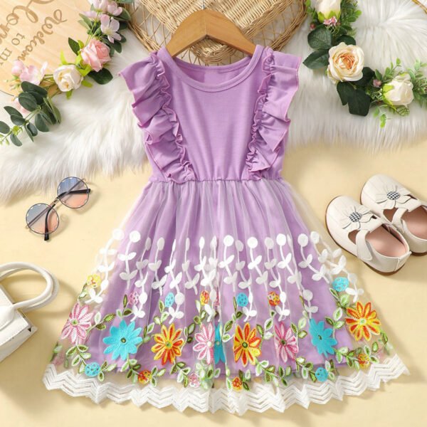 Liuliukd|Embroidery Flower Girls Princess Dress-Purple-Kids