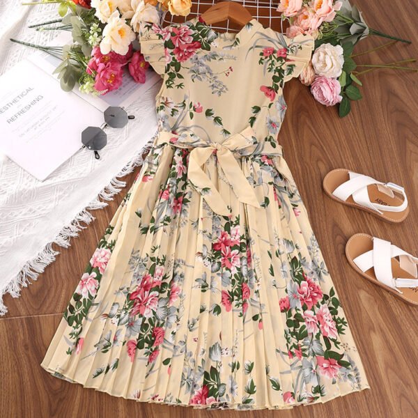 Liuliukd|Fly Sleeve Floral Dress For Kids-Beige-Teenager