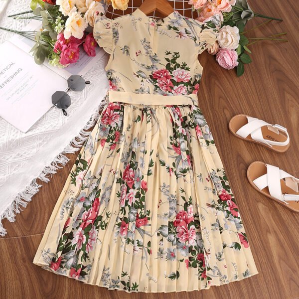 Liuliukd|Fly Sleeve Floral Dress For Kids-Beige-Teenager