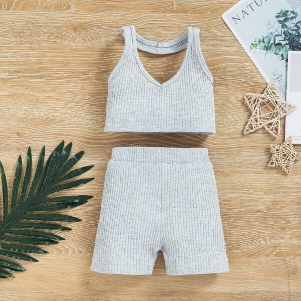 Liuliukd|Knitted Halter Backless Tracksuits Girls Outfit-Gray-Kids