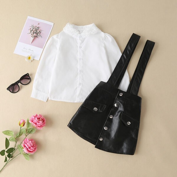 Liuliukd|Lace Collar Shirts Leather Suspender Skirt Girls Clothing-Black-Kids