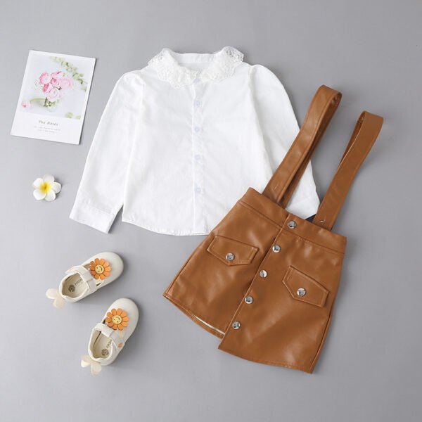 Liuliukd|Lace Collar Shirts Leather Suspender Skirt Girls Clothing-Brown-Kids