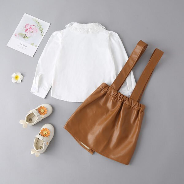 Liuliukd|Lace Collar Shirts Leather Suspender Skirt Girls Clothing-Brown-Kids