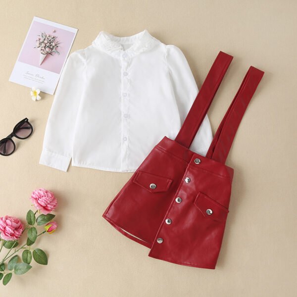 Liuliukd|Lace Collar Shirts Leather Suspender Skirt Girls Clothing-Red-Kids