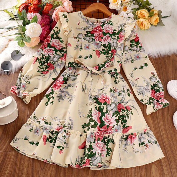 Liuliukd|Long Sleeve Floral Children Dress-Beige-Teenager