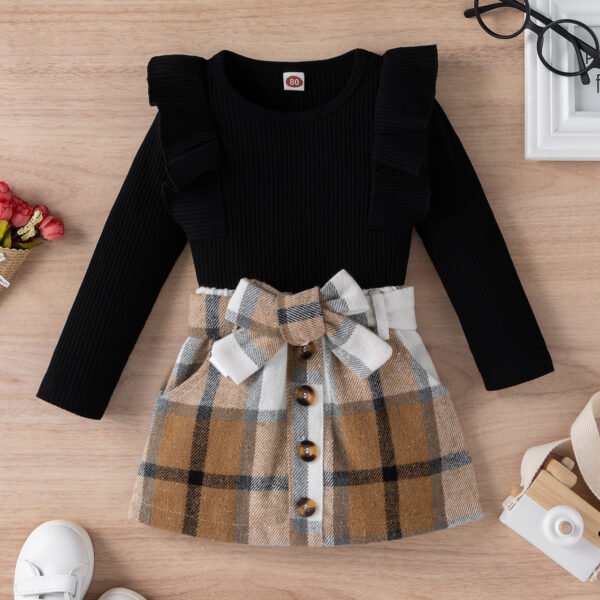 Liuliukd|Long Sleeve Knitted Tops Plaid Skirt Kids Sets-Black-Kids