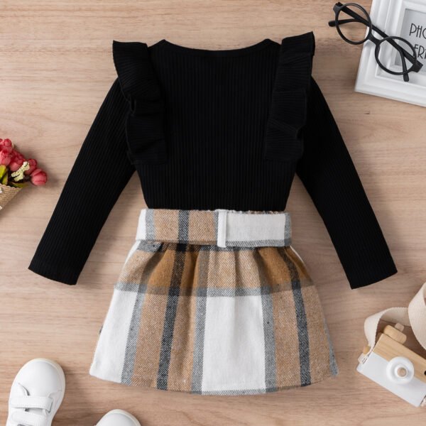 Liuliukd|Long Sleeve Knitted Tops Plaid Skirt Kids Sets-Black-Kids