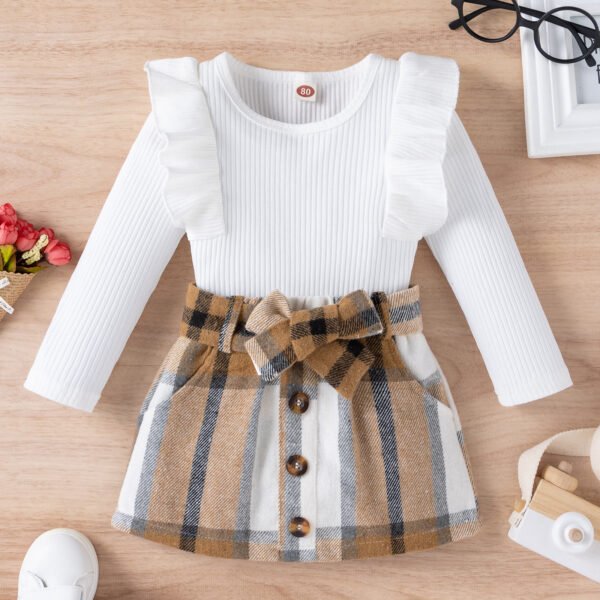 Liuliukd|Long Sleeve Knitted Tops Plaid Skirt Kids Sets-White-Kids