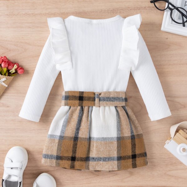 Liuliukd|Long Sleeve Knitted Tops Plaid Skirt Kids Sets-White-Kids