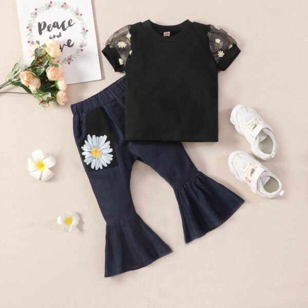 Liuliukd|Mesh Sleeve Tops Denim Pants Kids Clothing Girls-Black-Kids