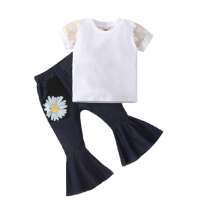 Liuliukd|Mesh Sleeve Tops Denim Pants Kids Clothing Girls-Kids