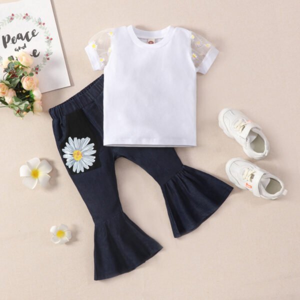 Liuliukd|Mesh Sleeve Tops Denim Pants Kids Clothing Girls-White-Kids