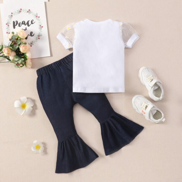 Liuliukd|Mesh Sleeve Tops Denim Pants Kids Clothing Girls-White-Kids