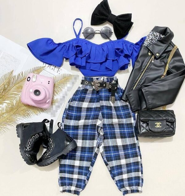 Liuliukd|Off Shoulder Plaid Girls Clothing Sets-Blue-Kids