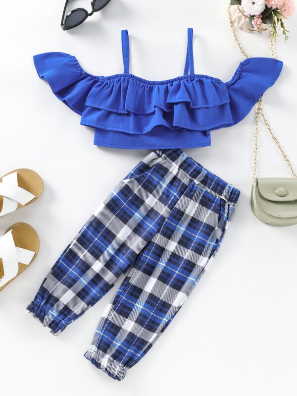 Liuliukd|Off Shoulder Plaid Girls Clothing Sets-Blue-Kids