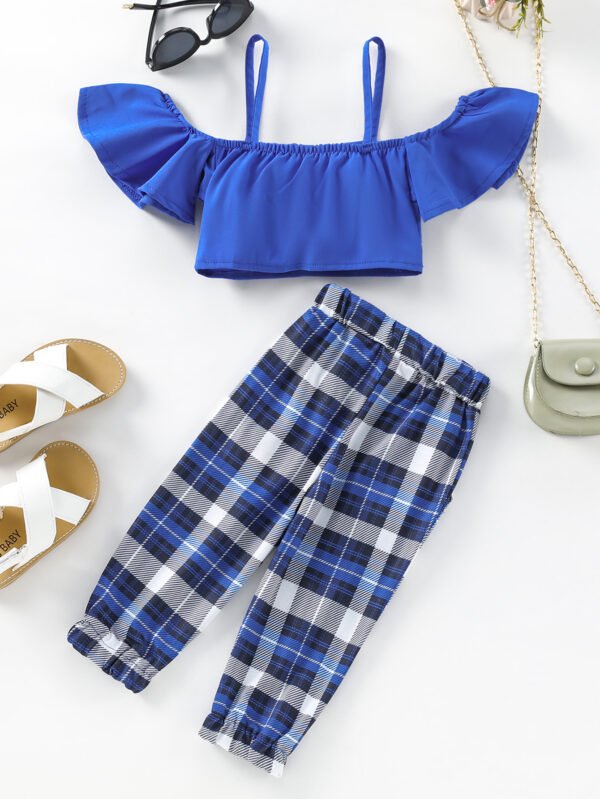 Liuliukd|Off Shoulder Plaid Girls Clothing Sets-Blue-Kids