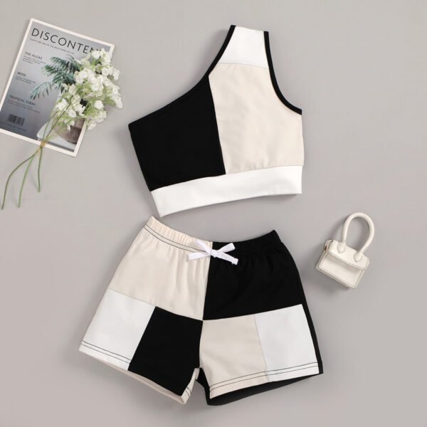 Liuliukd|Patchwork One Shoulder Clothing For Girls-Beige-Kids