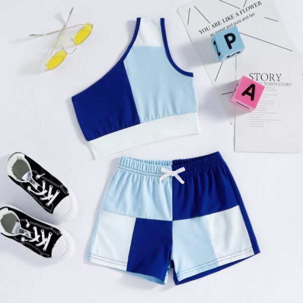 Liuliukd|Patchwork One Shoulder Clothing For Girls-Blue-Kids